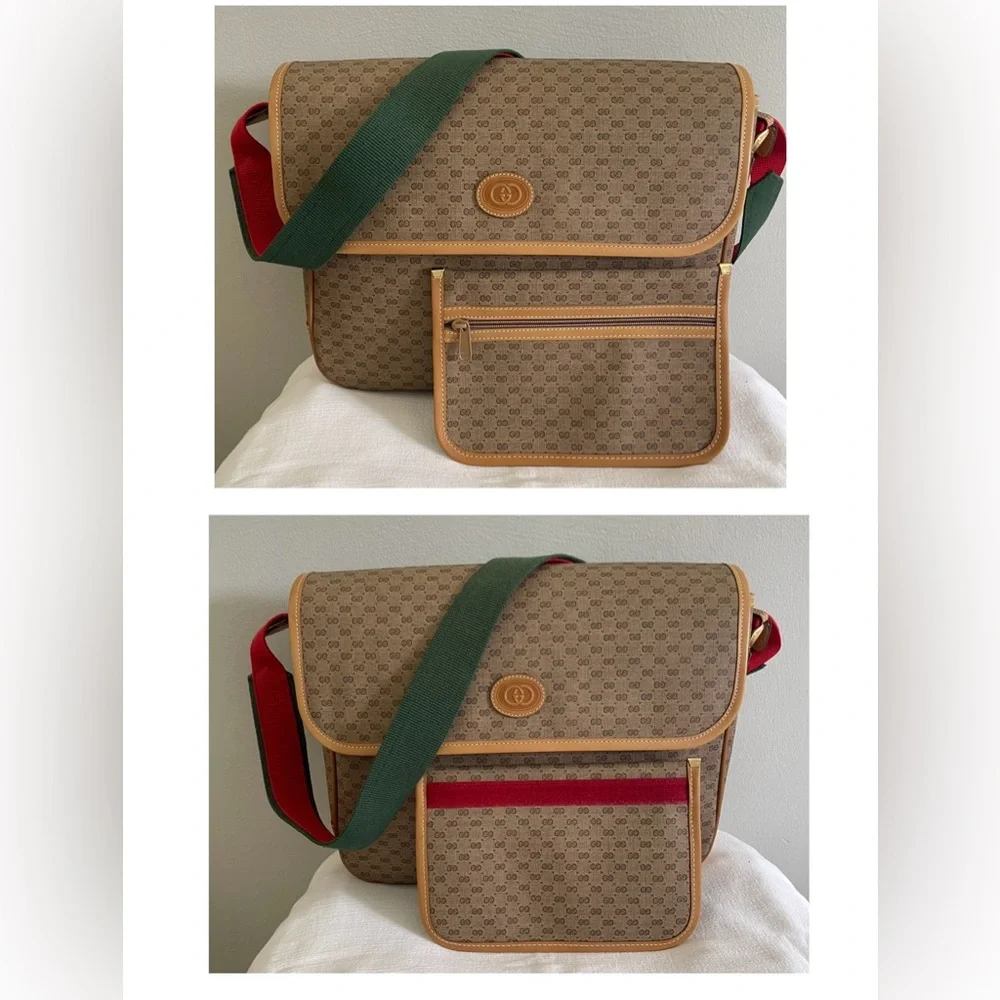Pristine Vtg Gucci Tan PVC Micro GG Monogram Messenger Shoulder Bag & Pouch - Picture 4 of 16
